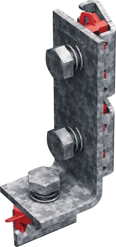 Ângulo de canto pré-montado MT-C-L2E FL OC Suporte angular alongado com porca e parafuso Fast-Lock pré-montados para montar estruturas de calhas de instalação, indicado para espaços exteriores com baixo teor de poluição