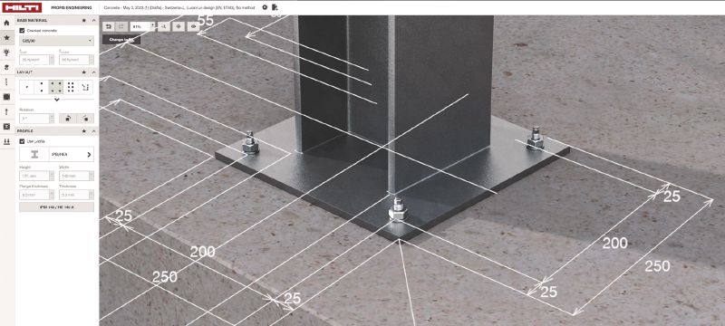 Software PROFIS Engineering Suite para a elaboração de projetos estruturais de edificados Software de engenharia estrutural para projetar a esquematização de ancoragens que inclui códigos e homologações, cálculos baseados na metodologia CBFEM (Component Based Finite Element Method) e uma variedade de métodos de fixação Aplicações 1