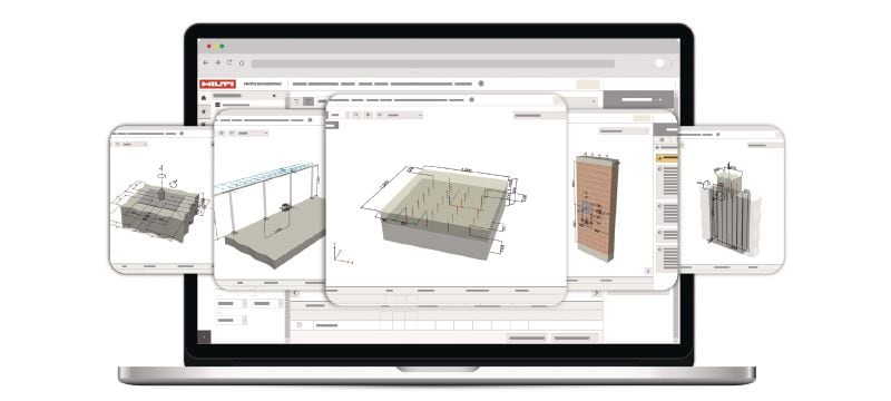 Software PROFIS Engineering Suite para a elaboração de projetos estruturais de edificados Software de engenharia estrutural para projetar a esquematização de ancoragens que inclui códigos e homologações, cálculos baseados na metodologia CBFEM (Component Based Finite Element Method) e uma variedade de métodos de fixação Aplicações 1