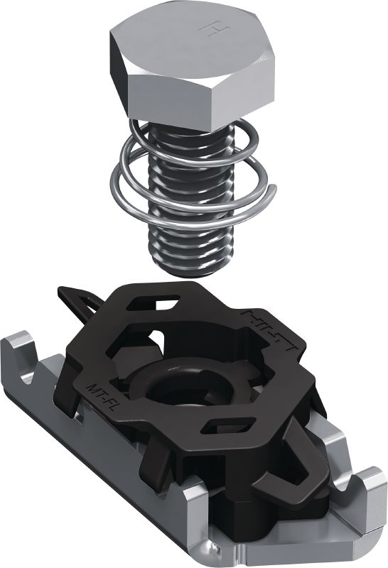 Porca com parafuso para calhas MT-FL Fast-Lock Porca para calhas Fast-Lock com parafuso para unir placas de base e ligadores a calhas de instalação MT