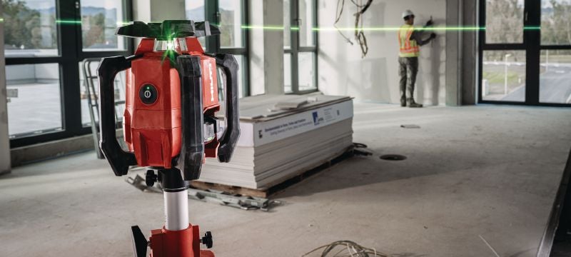 Nível a laser verde rotativo de inclinação simples PR 40G-22 Nível a laser rotativo e robusto para interiores com feixe verde bastante visível e funções automáticas de nivelamento, alinhamento, planos de inclinação e de esquadria (plataforma Nuron) Aplicações 1